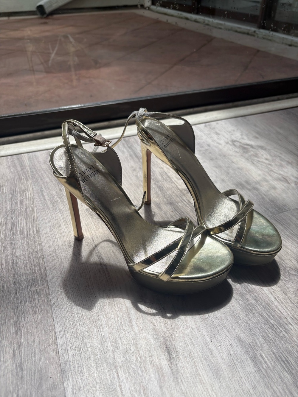 Stuart Weitzman Metallic Gold Strappy Platform Heels